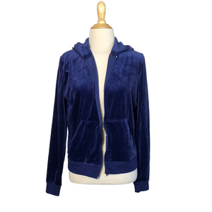 JUICY COUTURE L Vintage Navy Velour Full Zip Royal Jeweled Hoodie Sweatshirt Y2K